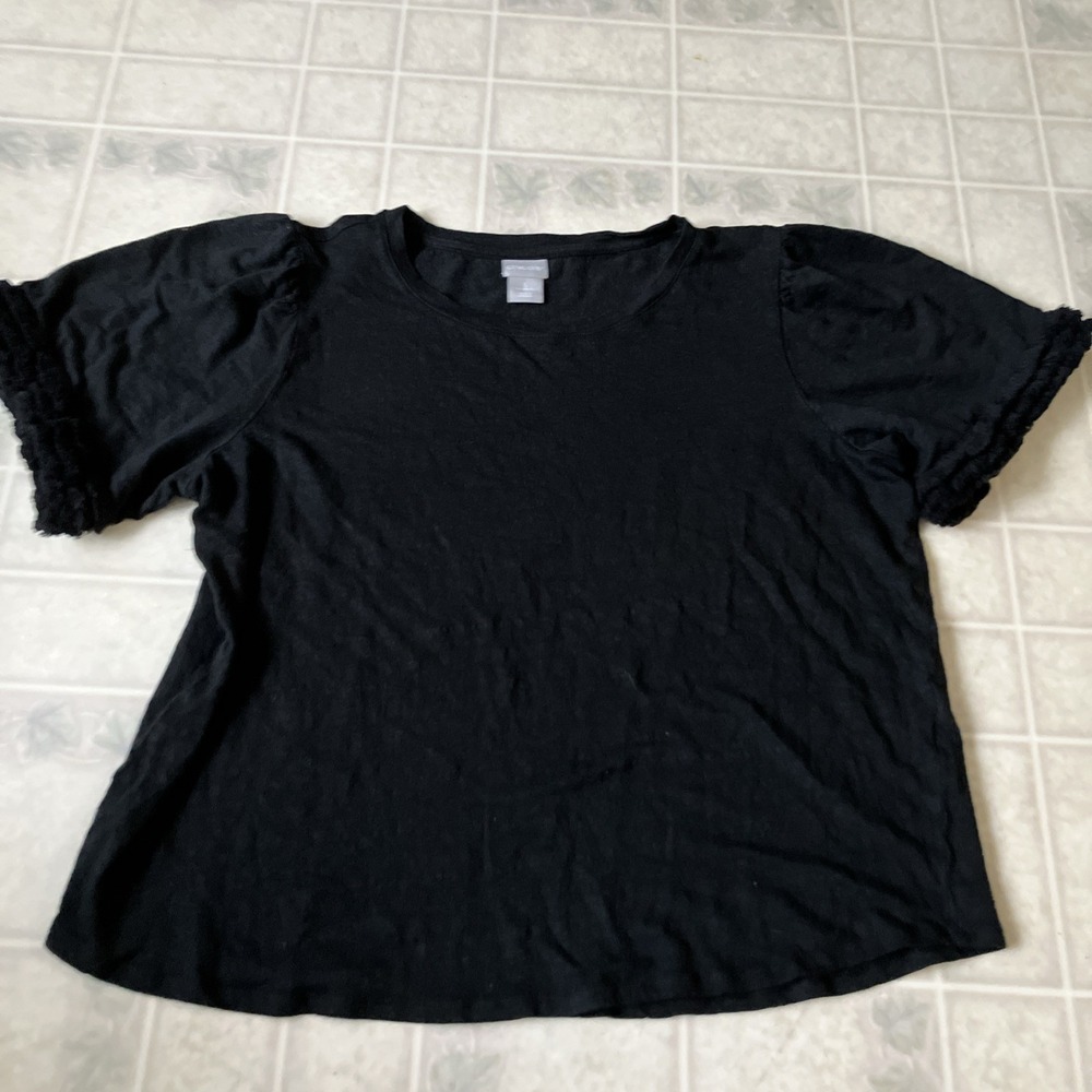 Chico's Linen Tee Boho Black Fringe Short Slv Lagenlook Ruffle Mitered‎ Seam XL